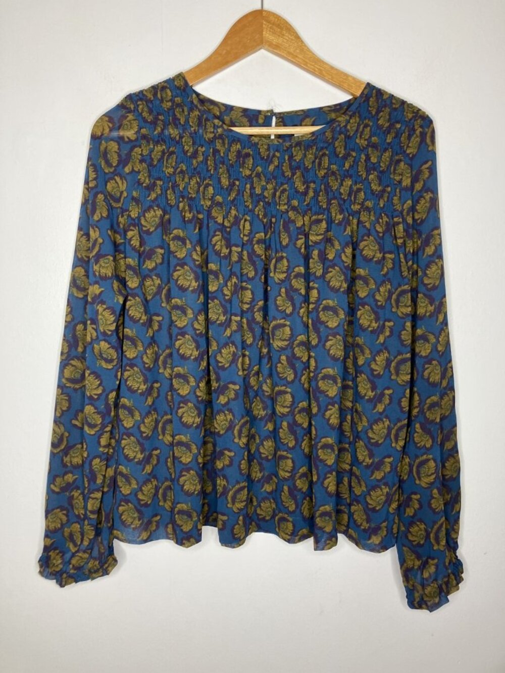 LOFT Women's Small Smocked Sheer Floral Blouse Top Blue Long Sleeve